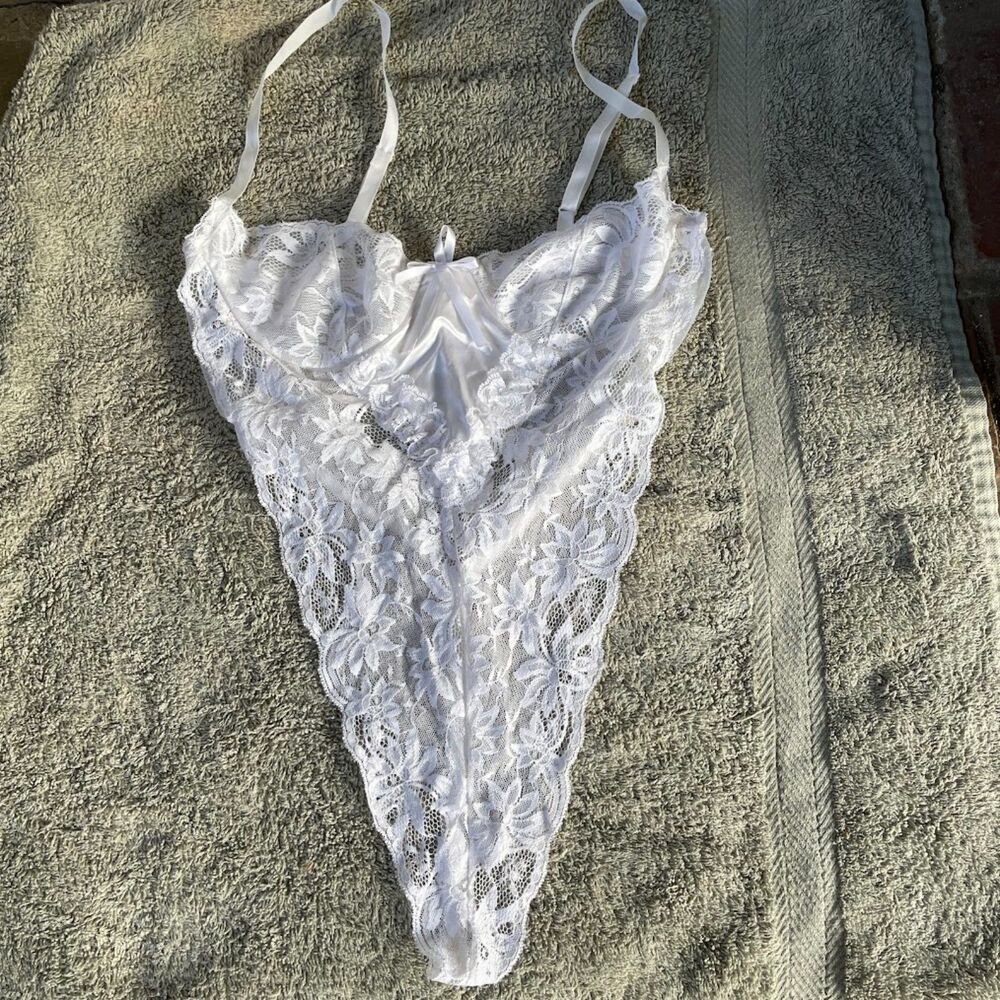 Vintage 80s TRES CHIC DESIGNS Thong Teddy Bodysuit White Sheer Nylon Lace S